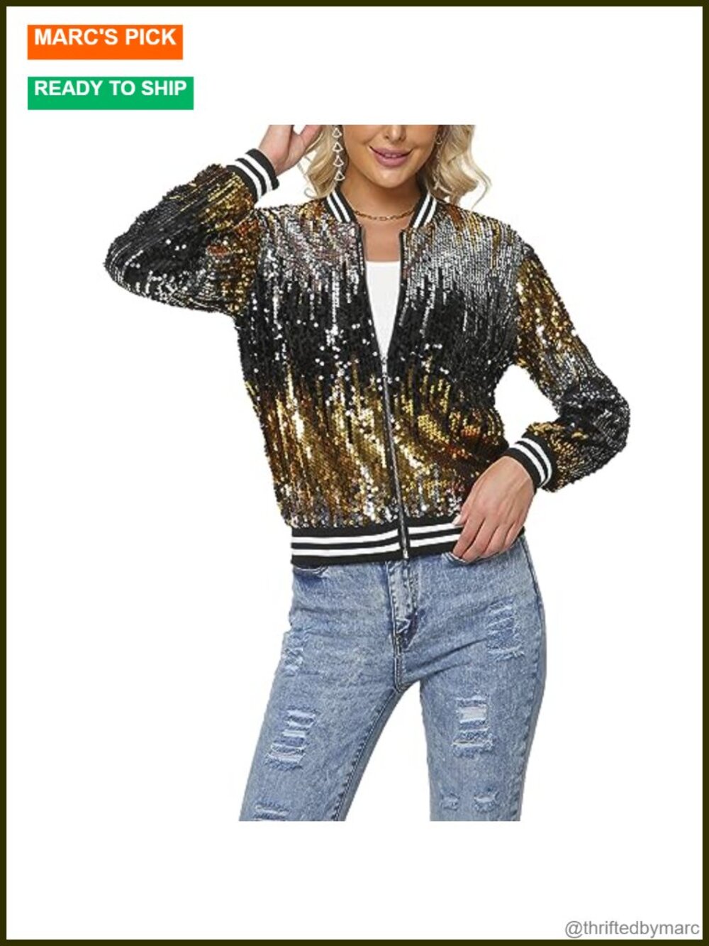 Long Sleeve Sequin Open Front Zipper Jacket with Ribbed Cuffs
